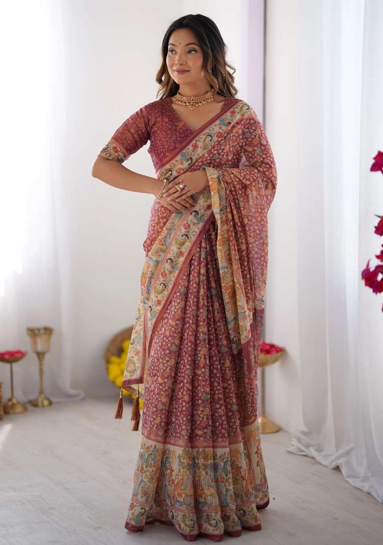 Maroon Printed Cotton Saree Set - Indya