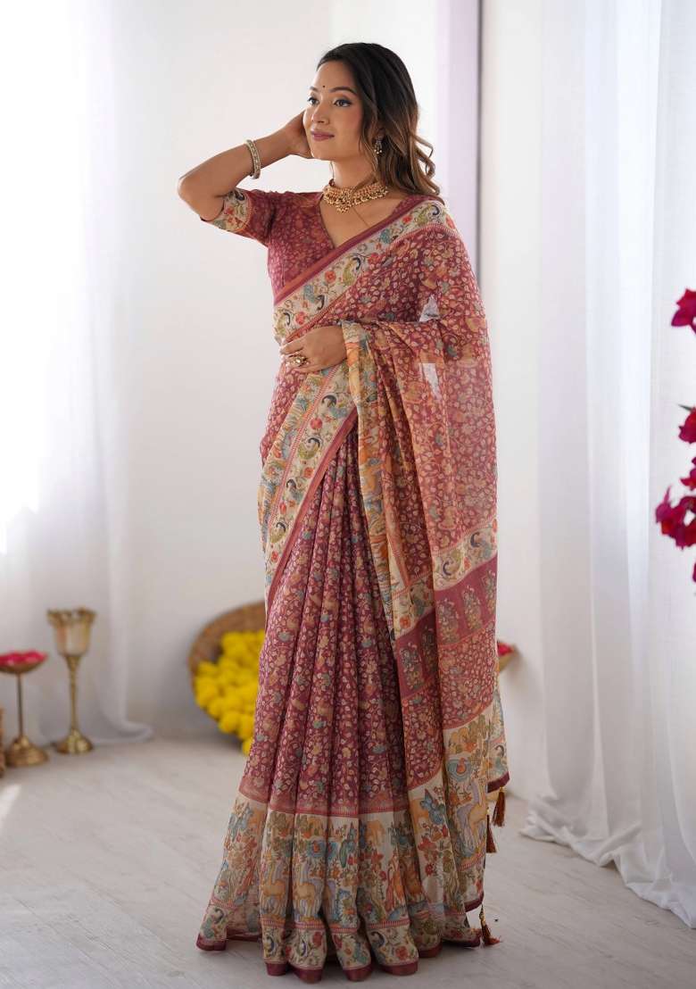 Maroon Printed Cotton Saree Set - Indya