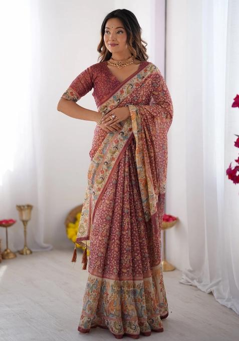 Maroon Printed Cotton Saree Set