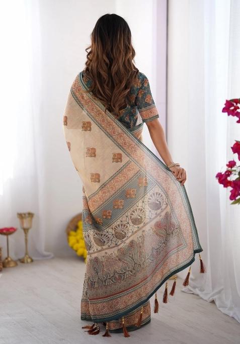 Ivory Printed Cotton Saree Set