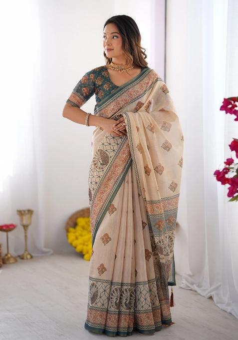 Ivory Printed Cotton Saree Set