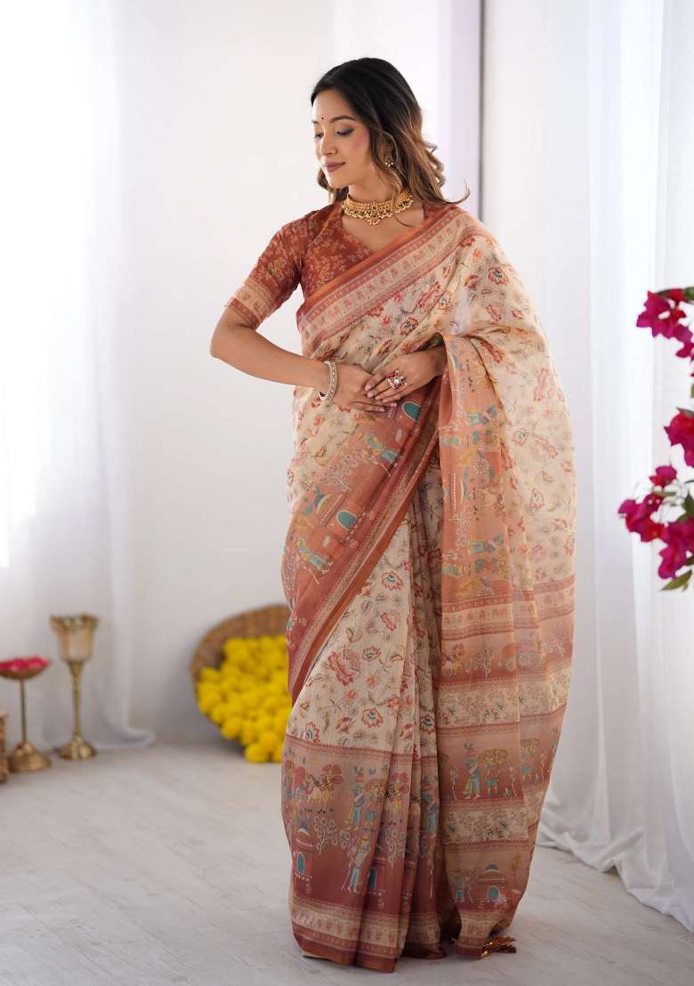 Ivory Printed Cotton Saree Set - Indya