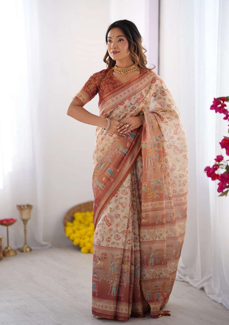 Ivory Printed Cotton Saree Set - Indya
