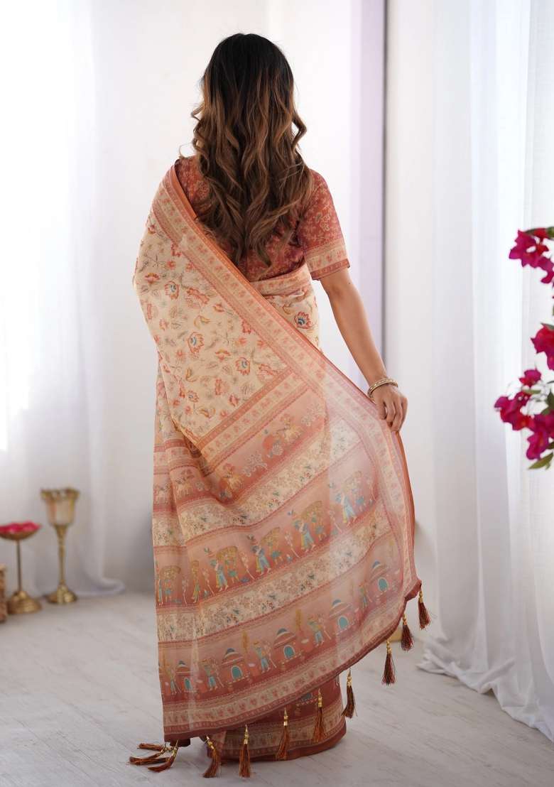 Ivory Printed Cotton Saree Set - Indya