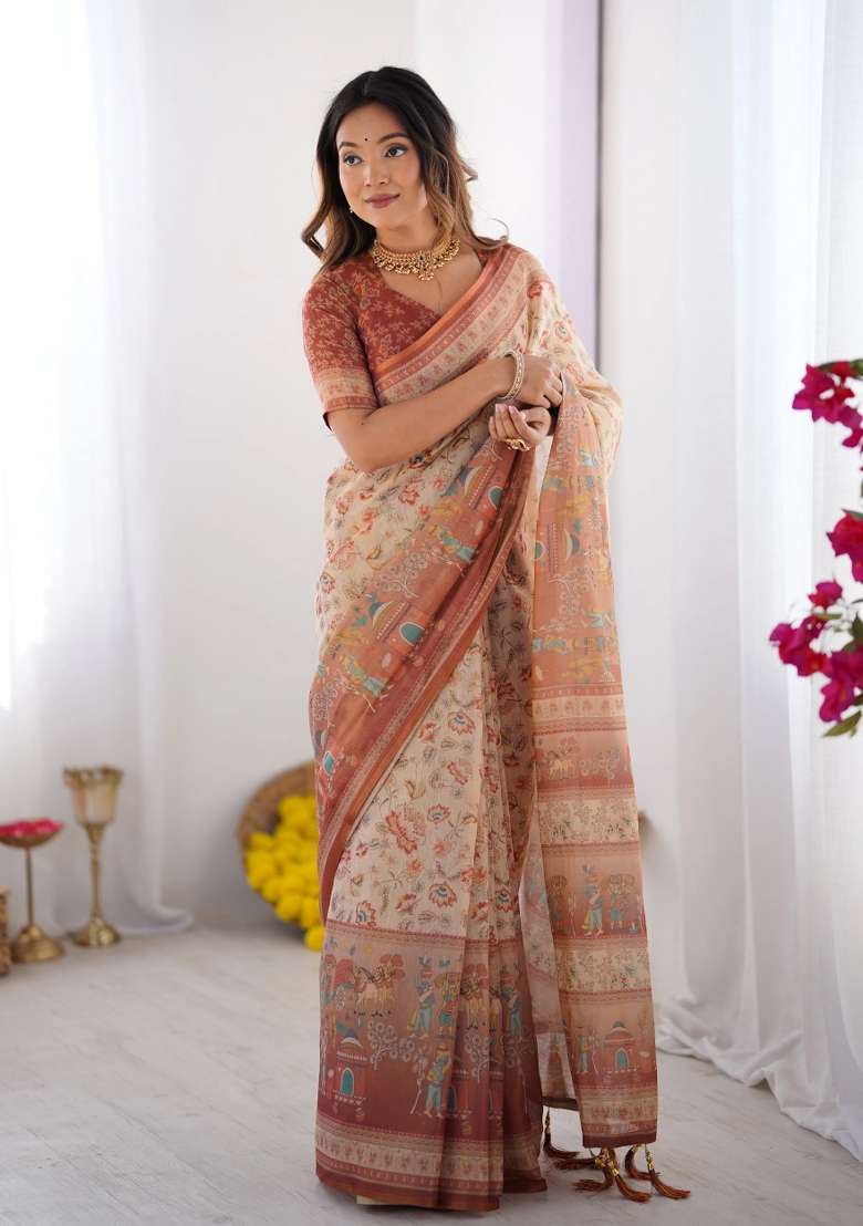 Ivory Printed Cotton Saree Set - Indya