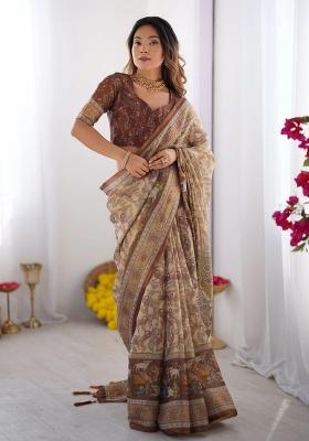 Beige Printed Cotton Saree Set
