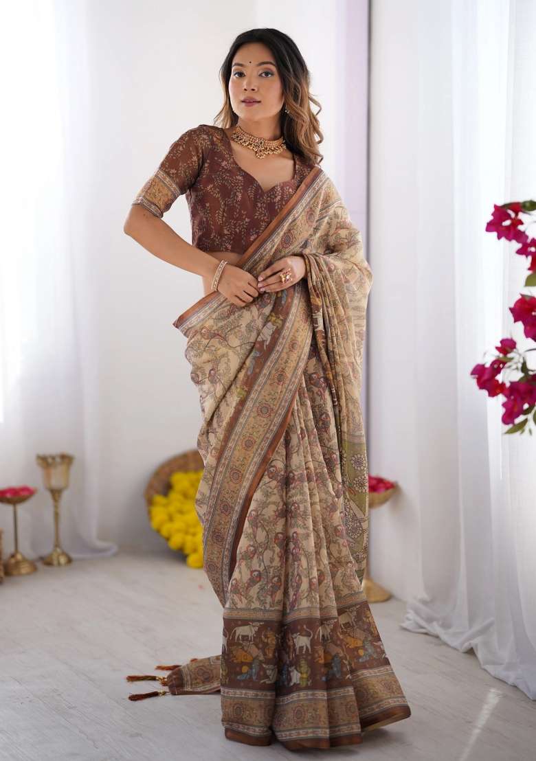 Beige Printed Cotton Saree Set - Indya
