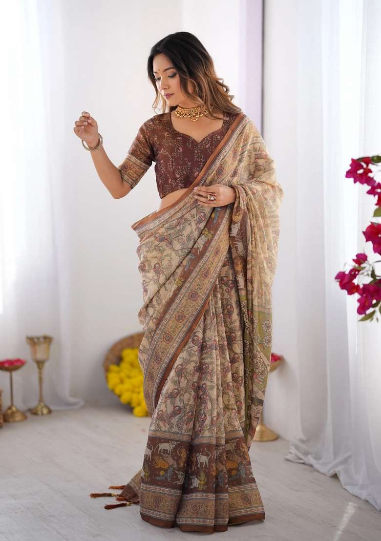 Beige Printed Cotton Saree Set - Indya
