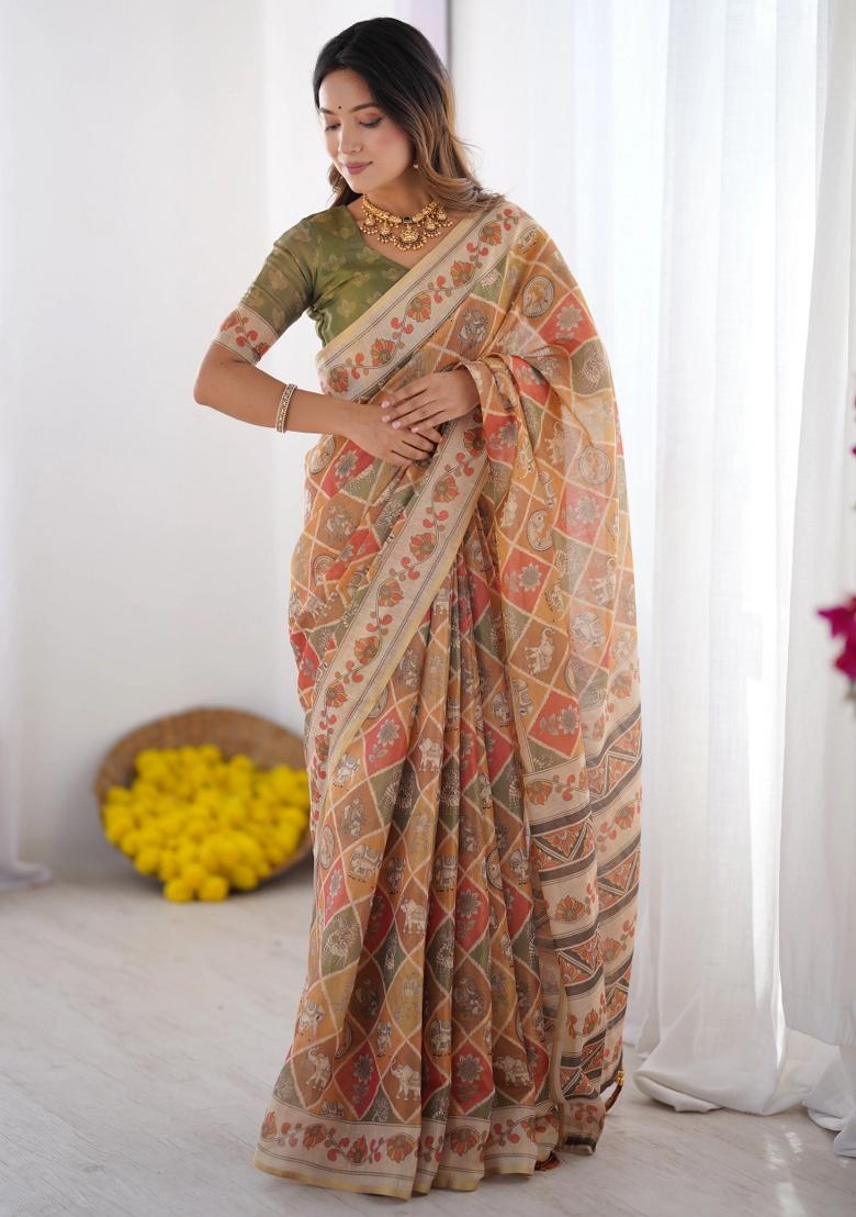 Multicolor Printed Cotton Saree Set