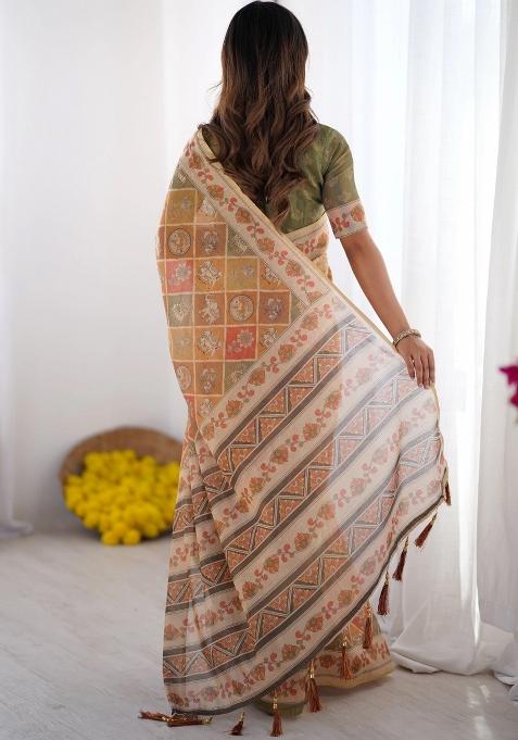 Multicolor Printed Cotton Saree Set