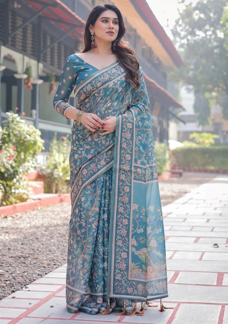 Multicolor Printed Cotton Saree Set