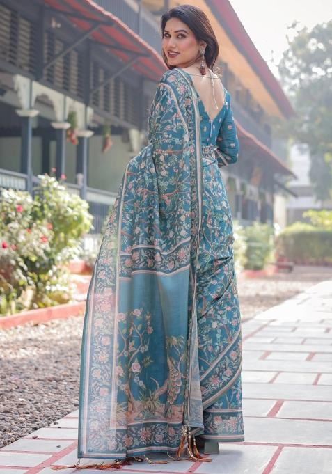 Multicolor Printed Cotton Saree Set