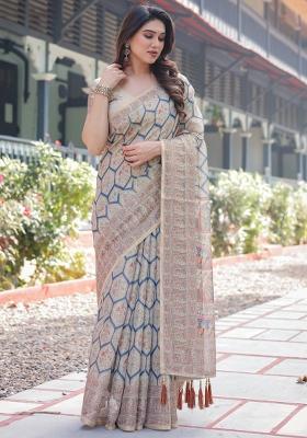 Beige Printed Cotton Saree Set