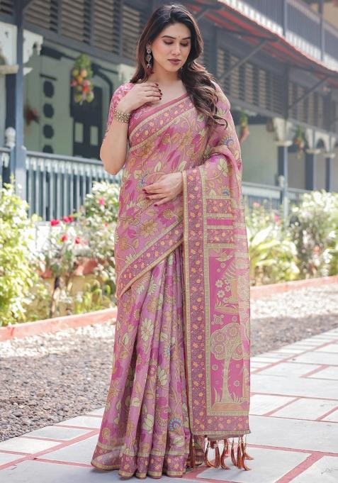 Multicolor Printed Cotton Saree Set
