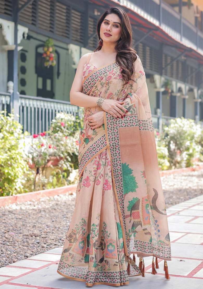 Beige Printed Cotton Saree Set - Indya