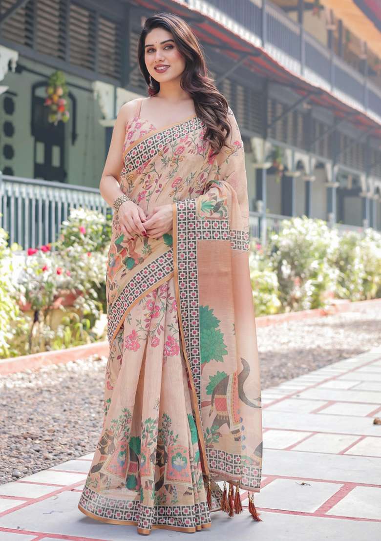 Beige Printed Cotton Saree Set - Indya