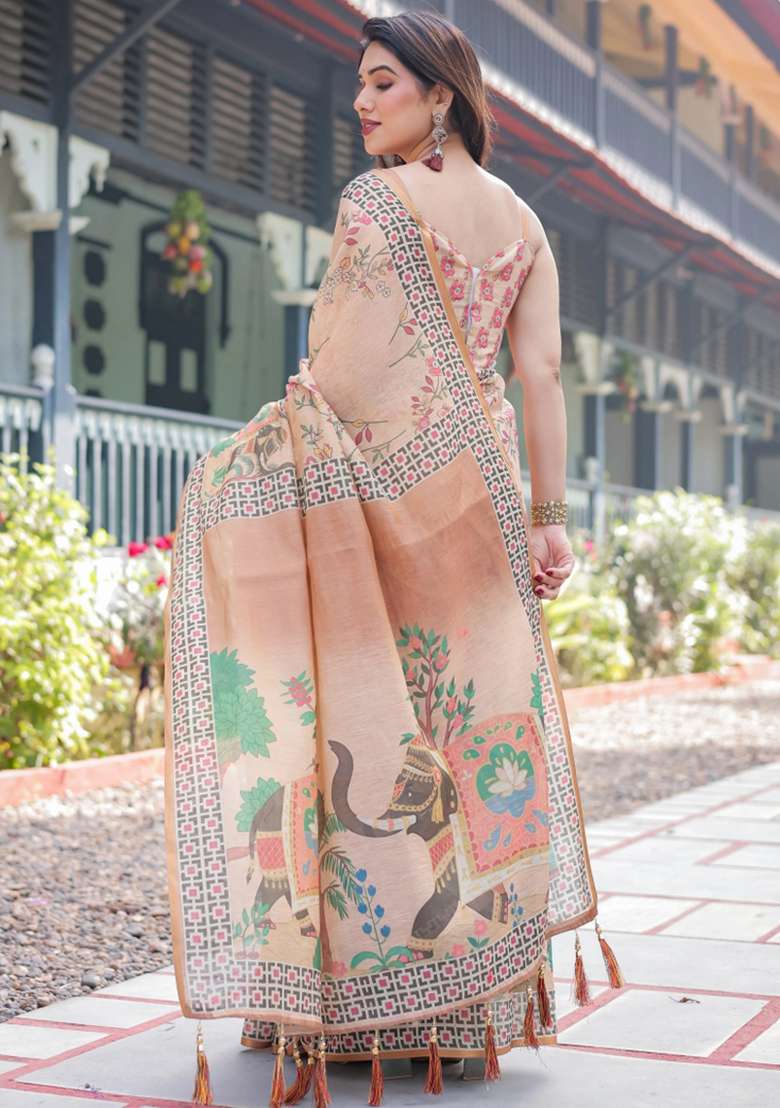 Beige Printed Cotton Saree Set - Indya