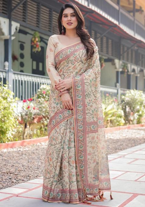 Ivory Printed Cotton Saree Set