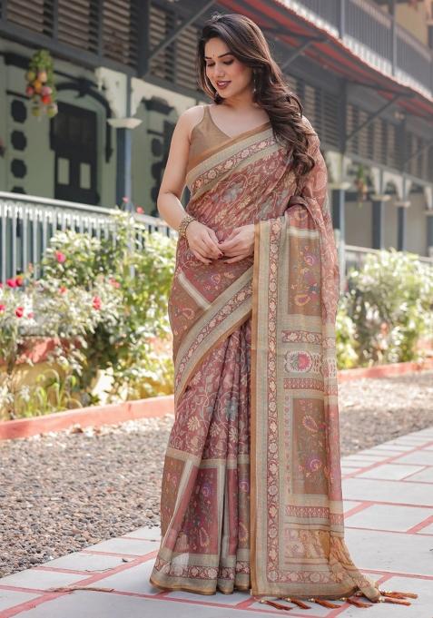 Rust Printed Cotton Saree Set