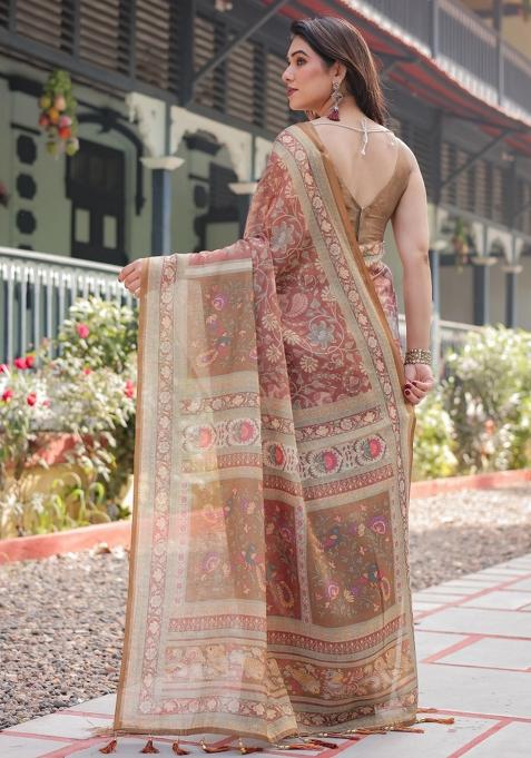 Rust Printed Cotton Saree Set