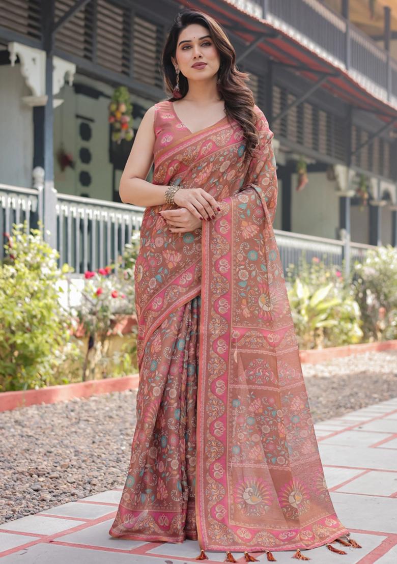 Copper Printed Cotton Saree Set