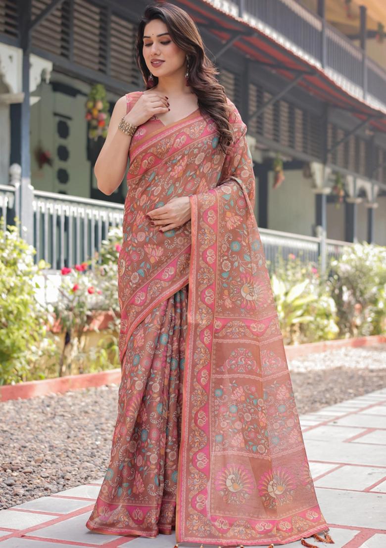 Copper Printed Cotton Saree Set