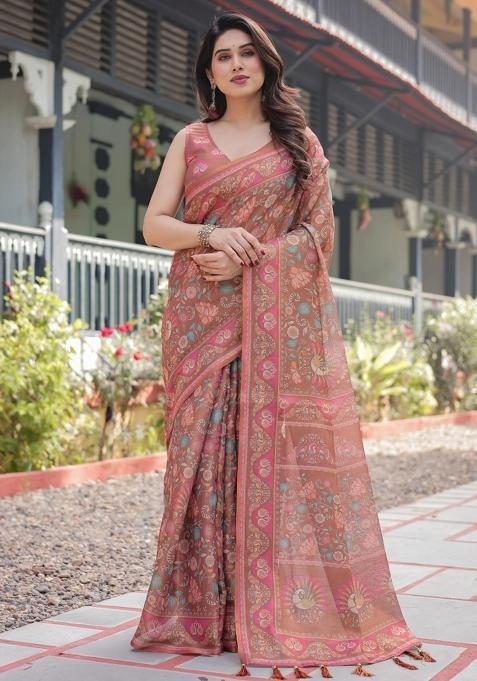 Copper Printed Cotton Saree Set