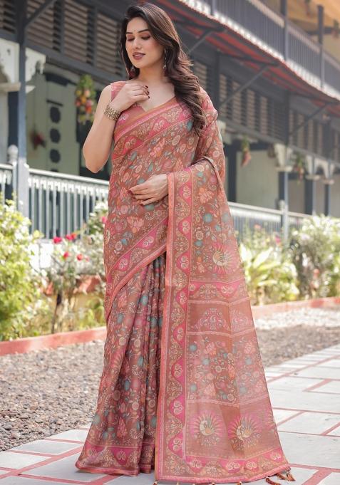 Copper Printed Cotton Saree Set