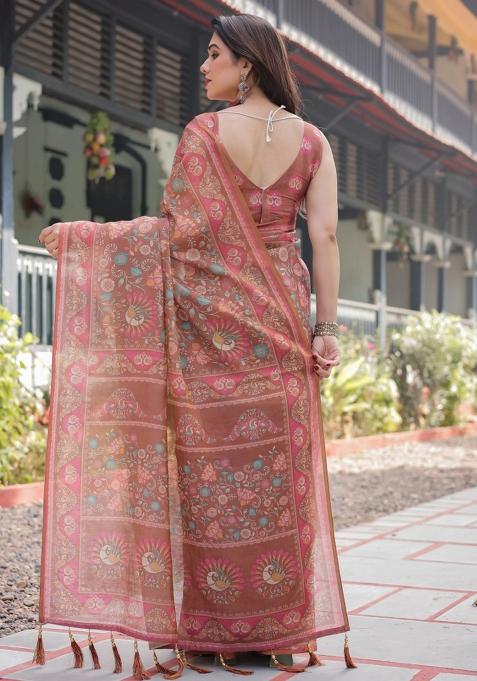 Copper Printed Cotton Saree Set