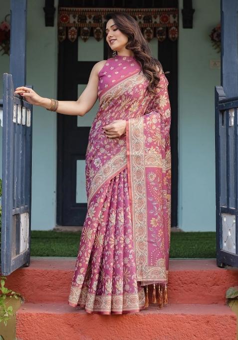 Magenta Printed Cotton Saree Set