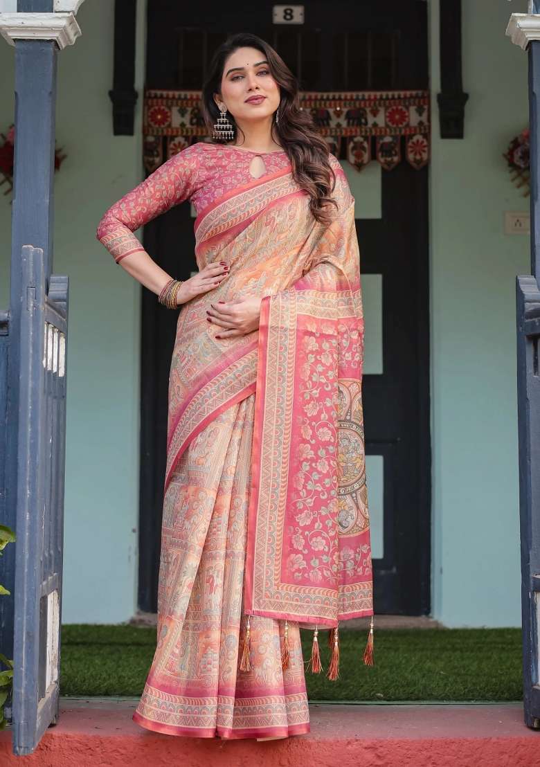 Peach Printed Cotton Saree Set - Indya