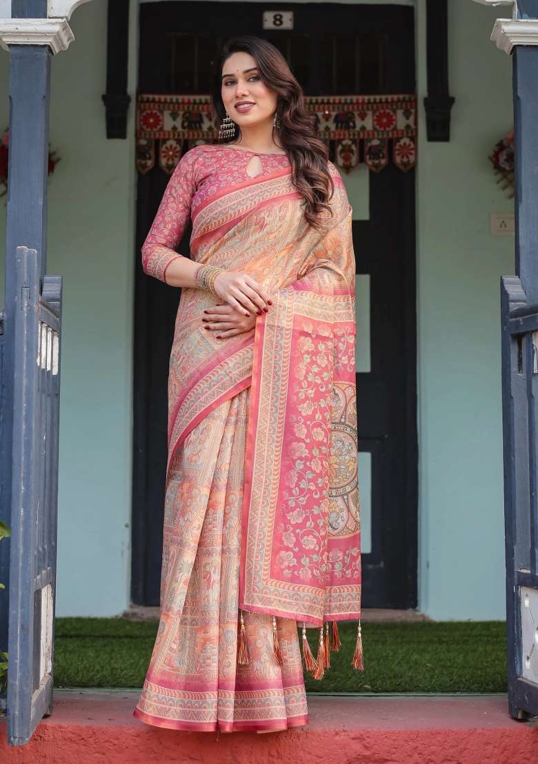Peach Printed Cotton Saree Set - Indya
