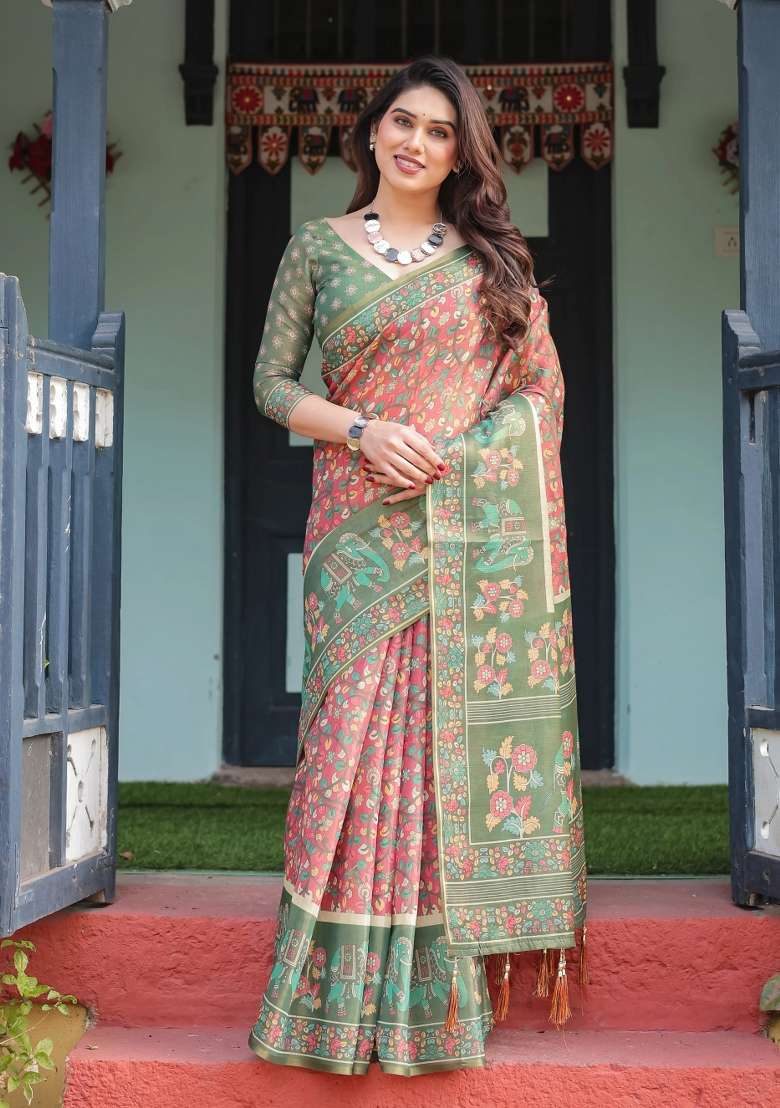 Green Printed Cotton Saree Set - Indya