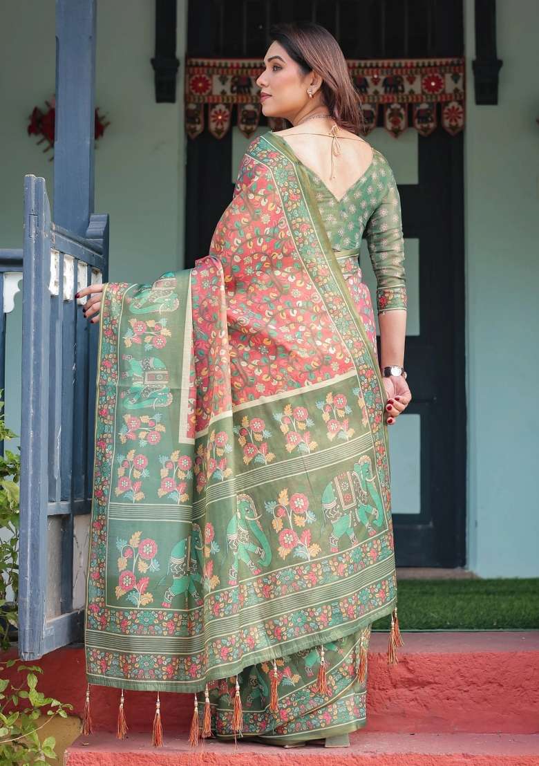 Green Printed Cotton Saree Set - Indya