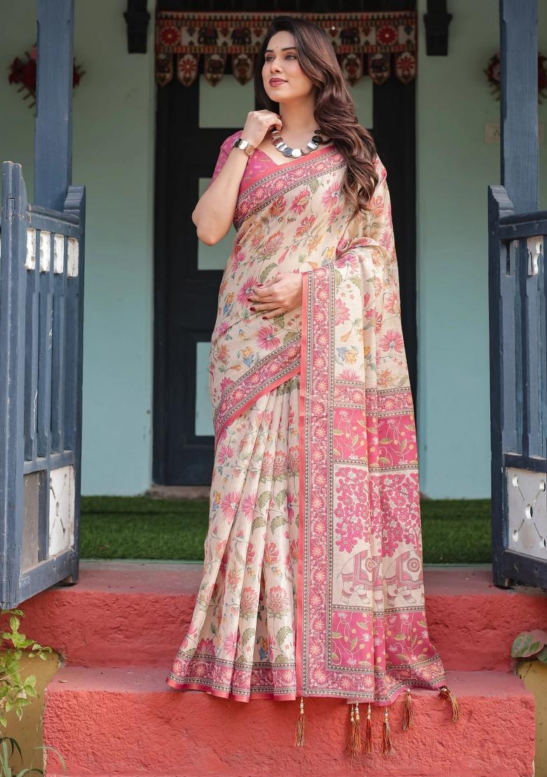 Cream Printed Cotton Saree Set