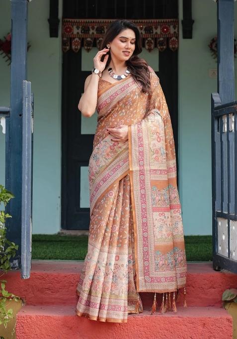 Multicolor Printed Cotton Saree Set