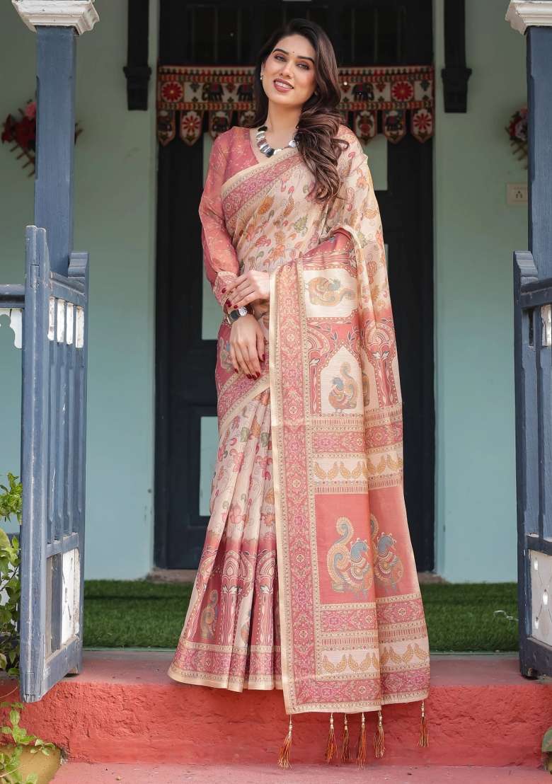 Cream Printed Cotton Saree Set - Indya