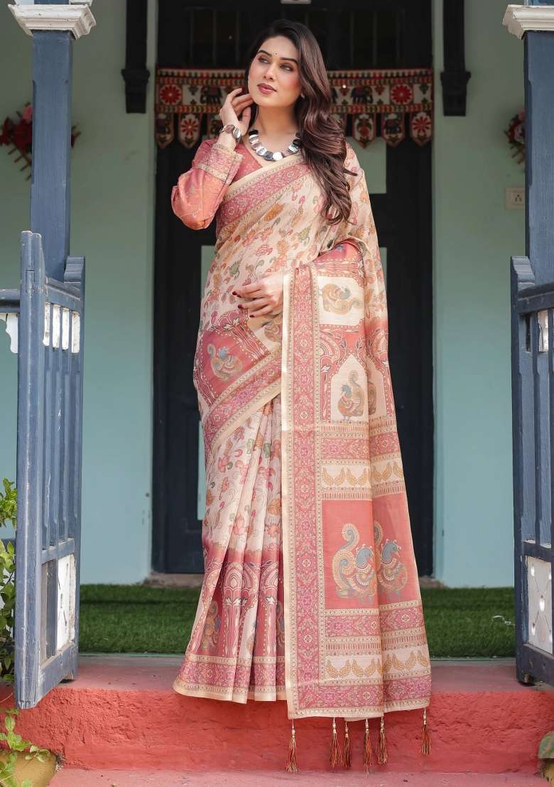 Cream Printed Cotton Saree Set - Indya