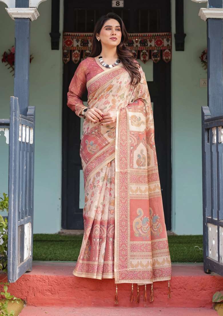 Cream Printed Cotton Saree Set - Indya