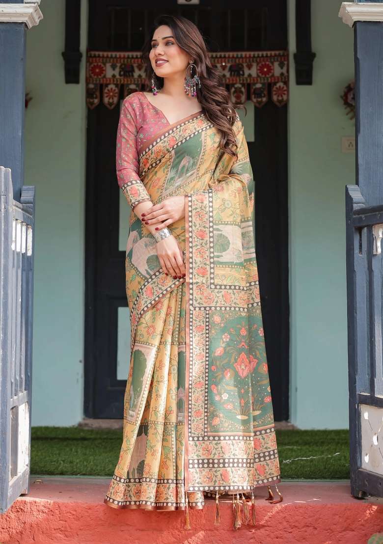 Mustard Printed Cotton Saree Set - Indya