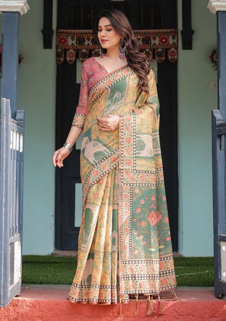 Mustard Printed Cotton Saree Set - Indya