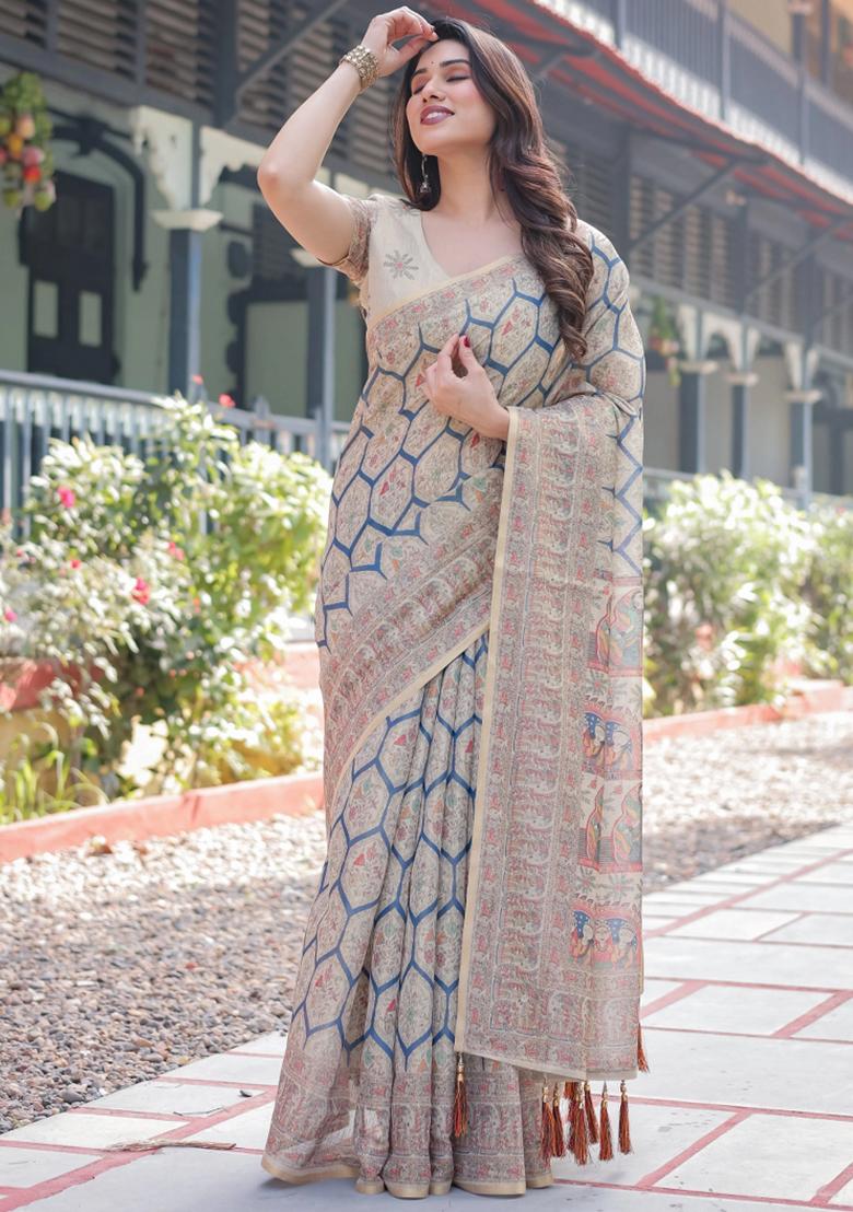 Beige Printed Cotton Saree Set - Indya