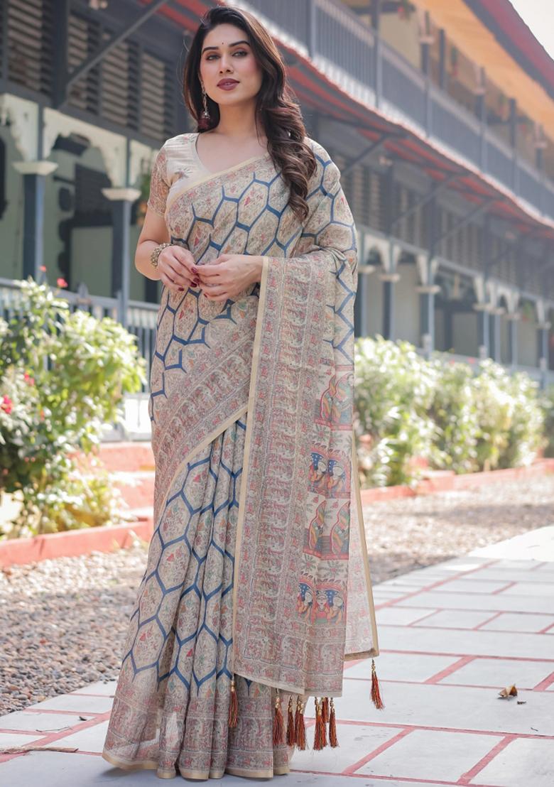 Beige Printed Cotton Saree Set - Indya