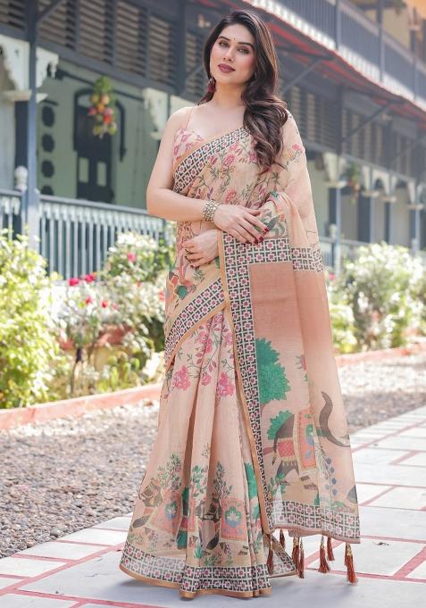 Beige Printed Cotton Saree Set