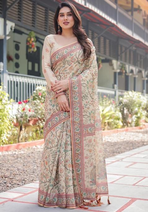 Ivory Printed Cotton Saree Set