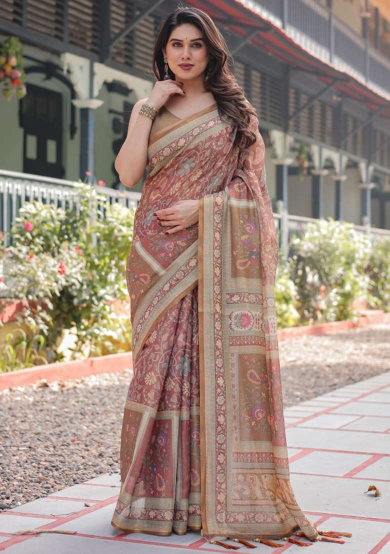 Rust Printed Cotton Saree Set - Indya