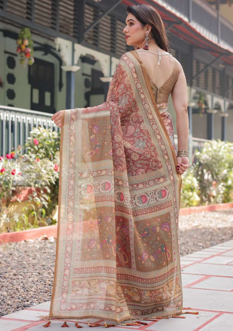 Rust Printed Cotton Saree Set - Indya