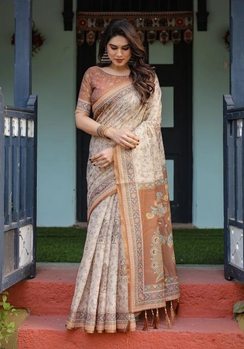 Beige Printed Cotton Saree Set