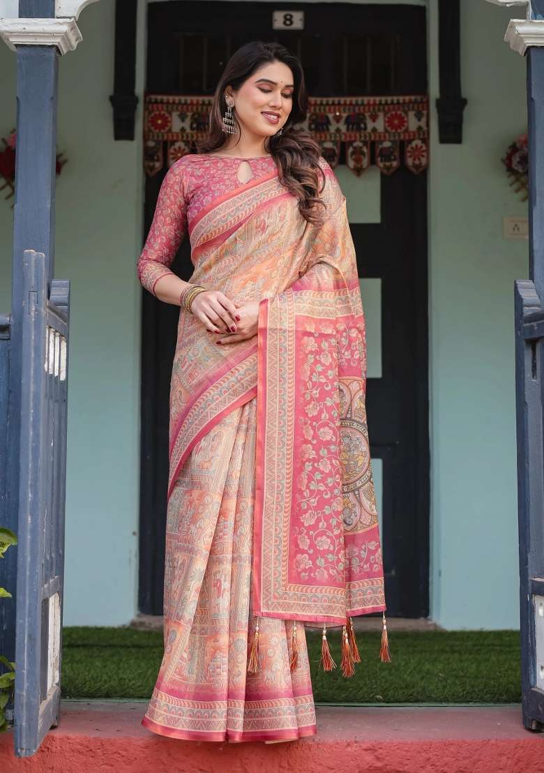 Peach Printed Cotton Saree Set - Indya