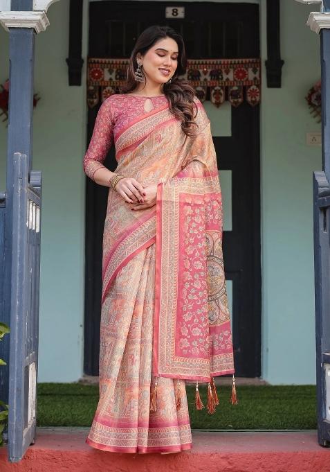 Peach Printed Cotton Saree Set
